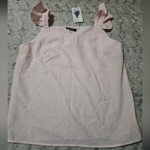 BRAND NEW Amazon Light Pink Girly Ruffle Strap Plaid Blouse Size Large